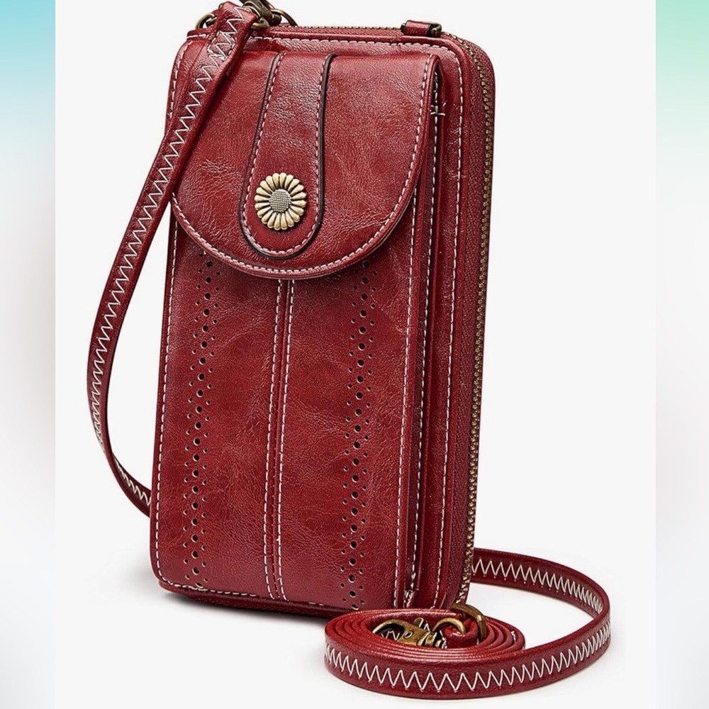 Elegant Red Crossbody Phone Bag with Floral Button